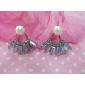 Evelia Earrings, Clear Rhinestones With White Faux Pearl, Nickel, 25mm, 2pc