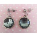 Mistique Earrings, Silver Black Cobachon, Round, Stud, Nickel, 30mm, 2pc