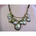 Perrine Necklace, Cream Faux Pearl With Brown Soft Leather Back, Antique Gold, 48cm With 5cm ex, 1pc