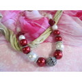 Perrine Necklace, Nickel With Red And White Glass Pearls, Toggle Clasp, 46cm, 1pc