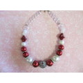 Perrine Necklace, Nickel With Red And White Glass Pearls, Toggle Clasp, 46cm, 1pc