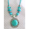 Mistique Necklace,  Turquoise Pendant On Turquoise Velvet Cord With Pandora Style Beads, Toggl, 52cm