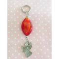 Keyring, Red Foil Bead With Nickel Angel, 9cm, 1pc