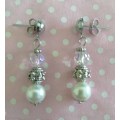 Perrine Earrings, White Glass Pearls And Clear Crystal Bead With Nickel Findings, 34mm, 2pc