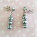Perrine Earrings, Grey Glass Pearls With Nickel Stud And Butterfly Back, 28mm, 2pc