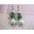 Simone Earrings, Moss Agate And White Glass Pearls, Nickel, 55mm Long, 2pc