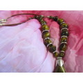 Simone Necklace, Tiger Eye On Brown Leather With Tiger Eye Pendant, Nickel, Toggle Clasp, 45cm