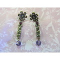 Riza Earrings, Clear And Purple Rhinestones, Bronze, ±50mm Long, 2pc