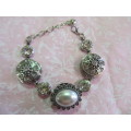 Riza Bracelet, Nickel With Clear Rhinestones And Beige Faux Pearl, Lobster Clasp, 17cm With 4cm Ext