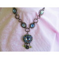 Riza Necklace, Blue And Green Rhinestones, Copper, 40cm With 6cm Extender, 1pc