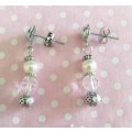 Perrine Earrings, White Glass Pearl With Clear Crystal Beads With Nickel Findings, 30mm, 2pc
