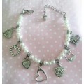 Perrine Bracelets, White Glass Pearls With Nickel Heart Charms, Lobster Clasp, 18cm With 5cm Ext