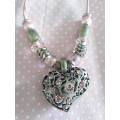 Riza Necklace, Heart Pendant With Pink Rhinestones And Pandora Style Bea, Nickel, Toggle Clasp, 46cm