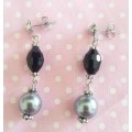 Perrine Earrings, Silver Glass Pearls And Black Crystal Beads, Nickel Findings, 45mm, 2pc