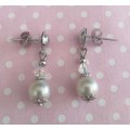Perrine Earrings, Light Dove Grey Shell Pearl With Clear Crystal Bead, Nickel Findings, 26mm, 2pc