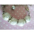 Perrine Bracelets, White Glass Pearls With Rondals, Nickel Snake Chain And Charms....Lobster Clasp..