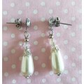 Perrine Earrings, White Glass Teardrop Beads With Clear AB Crystal Bicone, Nickel Studs, 35mm, 2pc