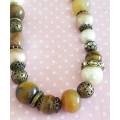Necklace, Shades Of Brown Semi-Precious Beads and Beige Shell Pearls, Toggle Clasp, 46cm