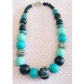 Burtell Necklace, Black And Green Wooden Beads With Black Egyptian Bead, Toggle Clasp, 45cm, 1pc