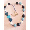 Cheri Necklace, Wooden Beads On Leather, Shades Of Blue And White, Toggle Clasp, 70cm and 5cm Ext
