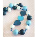 Cheri Necklace, Wooden Beads On Leather, Shades Of Blue And White, Toggle Clasp, 70cm and 5cm Ext