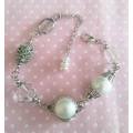Perrine Bracelets, White Glass Pearl With Clear Quartz and Crystal Beads, Faux Pearl Center