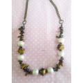 Necklace, Tiger Eye Chips and Beads With Beige Glass Pearls, Bronze Chain, Toggle Clasp, 46cm