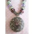 Mistique Necklace, Purple And Nickel Pandora Style Beads On Purple Wax Cord, 52mm