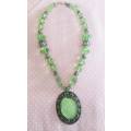 Burtell Necklace, Green Glass Beads With Green Indian Style Pendant, Lobster Clasp, 46cm + 5cm, 1pc