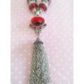Riza Necklace, Red Pandora Style Beads With Nickel Spacers And Rondals, Lobster Clasp, 44cm + 5cm