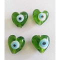 Glass Beads, Hand Crafted, Heart, Eye Beads, Green, 14mm, 2pc