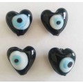Glass Beads, Hand Crafted, Eye Beads, Heart, Black, 14mm, 2pc