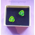 Green Rose Studs With Clear Rhinestone, Nickel Butterfly Backs, Gift Box, 15mm Diameter, 2pc