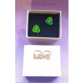 Green Rose Studs With Clear Rhinestone, Nickel Butterfly Backs, Gift Box, 15mm Diameter, 2pc
