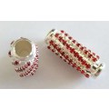 Rondals, Tube, Silver, Red Rhinestones, 27mm x 10mm, 1pc