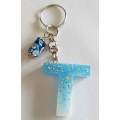 Personal Keyring, Blue And White Letter `T`, 40mm x ±9mm, Resin Product, Handmade, Unique