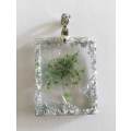 Pendant, Green And Silver, Rectangle, 26mm x 21mm, Handmade Resin Product, Unique, 1pc