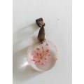 Pendant, Clear With Pink Flower, Round, 20mm, Handmade Resin Product, Unique, 1pc