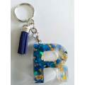 Personal Keyring, Letter `R`, Blue And Gold, Size 40mm x ±9mm, Resin Product, Handmade, Unique