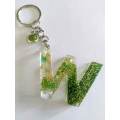 Personal Keyring, Letter `W`, Green And Gold, Size 40mm x ±9mm, Resin Product, Handmade, Unique