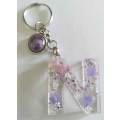 Personal Keyring, Letter `N`, Purple And Silver, Size 40mm x ±9mm, Resin Product, Handmade, Unique