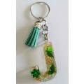 Personal Keyring, Letter `J`, Green And Gold, Size 40mm x ±9mm, Resin Product, Handmade, Unique