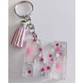 Personal Keyring, Letter `M`, Pink And Silver, Size 40mm x ±9mm, Resin Product, Handmade, Unique