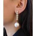 Perrine Earrings, White Faux Pearl & Clear Rhinestones, Golden Studs, Pearl Size 20mm, 55mm Long,2pc
