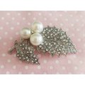 Perrine Brooch, White Faux Pearls With Clear Rhinestones, 60mm x 40mm, 1pc