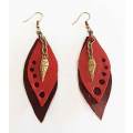 Earrings, Brown + Red Leather + Bronze Findings On Ear Hooks, Handmade Leather Product, Unique, 2pc