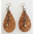 Earrings, Light Brown Leather + Bronze Findings On Ear Hooks, Handmade Leather Product, Unique, 2pc