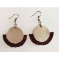 Earrings, Red And Champagne Leather + Bronze Ear Hooks, Handmade Leather Product, Unique, 2pc