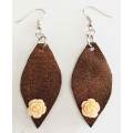 Earrings, Brown Leather + Peach Rose + Nickel Ear Hooks, 75mm, Handmade Leather Product, Unique, 2pc
