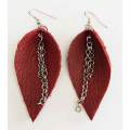 Earrings, Red Leather + Nickel Findings And Ear Hooks, 76mm, Handmade Leather Product, Unique, 2pc
